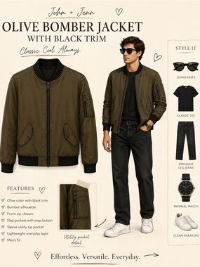 John + Jenn Olive Bomber Jacket with Black Trim
